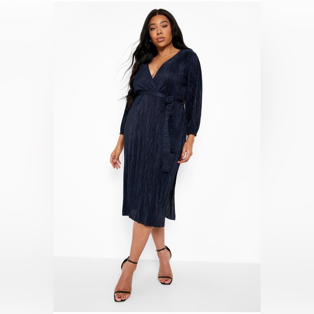 Plisse Tie Belt Wrap Midi Dress NWT
